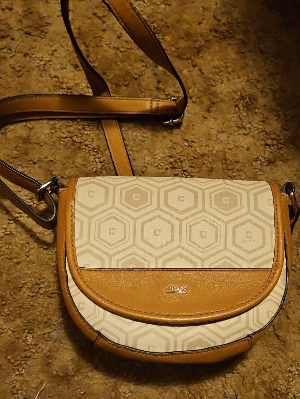 Chaps Tan and Cream Hexagon Crossbody Saddle Bag